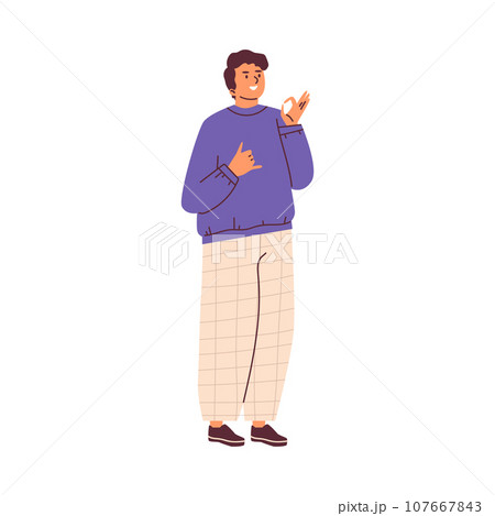 Man shows ok deaf sign language international, gesture for conversation deafness people, vector social communication 107667843