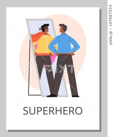 Young black man looking in mirror and imagine that he is brave superhero in mask and cape vector positive cartoon poster 107667854