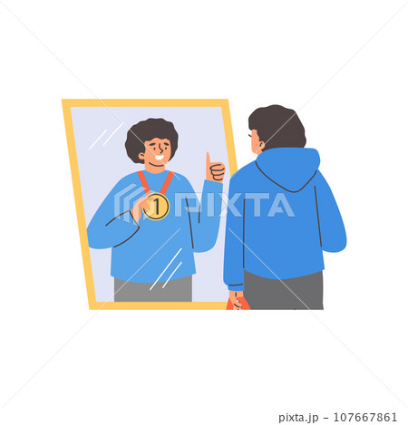 Young man looking in the mirror, in reflection the best sportsman with first place medal, Believe in yourself vector 107667861
