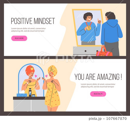 Woman imagines herself as a queen in her reflection in the mirror, guy imagines himself a winner vector landing page 107667870