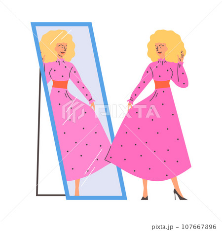 Blonde woman in pink dress posing, flaunts, enjoying her reflection in the mirror, Love yourself vector fashion girl 107667896