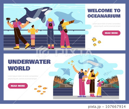 People watching underwater world with fishes, sea animals in giant oceanarium, marine excursion vector advertising page 107667914