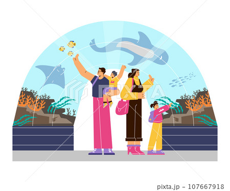 Family with children watching underwater scenery with marine flora and fauna in giant oceanarium, excursion vector 107667918
