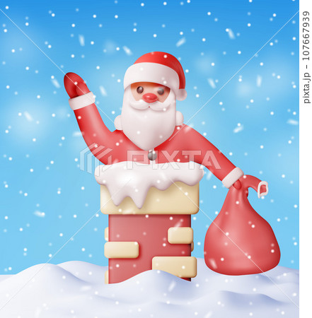 3D Santa Claus with Bag in House Chimney 107667939