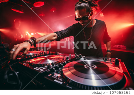DJ working spinning turntable records at night club party 107668163