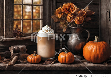 decoration for halloween holiday, still life, a cup of hot latte and pumpkins on a windowsill, beautiful autumn landscape outside the window, rural, festive background decoration for halloween holiday, still life, a cup of hot latte and pumpkins on a windowsill, beautiful autumn landscape outside the window, rural, festive background 107668558