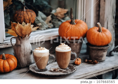 halloween holiday, exterior of old wooden house is decorated with pumpkins, flowers and leaves, latte on the windowsill, festive background 107668565