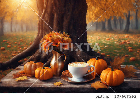 decoration for Halloween, still life, a cup of hot latte and pumpkins on an old wooden table against the background of beautiful autumn nature at sunset decoration for Halloween, still life, a cup of hot latte and pumpkins on an old wooden table against the background of beautiful autumn nature at sunset 107668592