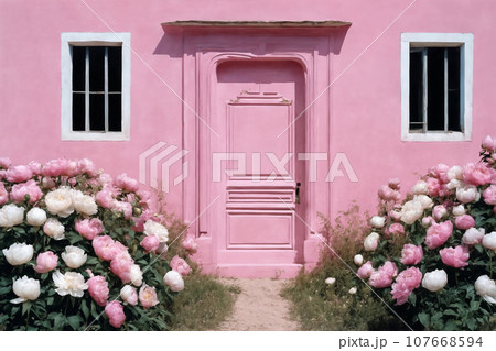 The door of the house and the flowers in front of the door. Pink door, pink wall and plants The door of the house and the flowers in front of the door. Pink door, pink wall and plants 107668594
