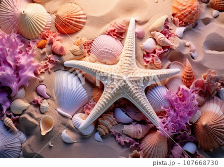 sea shells and starfishs on the beach with pink seashells in the foreground image is used as an example for 107668730