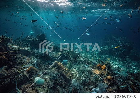 trash floating in the ocean, with sunlight shining through the water and fish swimming over it's back ground trash floating in the ocean, with sunlight shining through the water and fish swimming over it's back ground 107668740