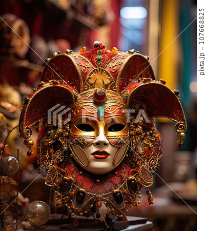a carnival mask on display in a shop window with many other masks and decorations around the store's windows 107668825
