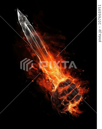 Fire sword in a male warrior's hand. AI 107668951