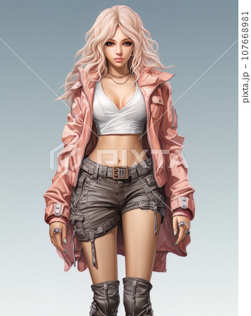 Image of a beautiful doll in fashionable clothes in anime style. AI 107668981