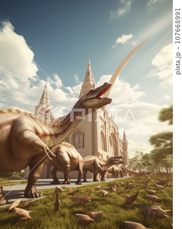 Cartoon Dinosaurs against the background of a church.. AI 107668991
