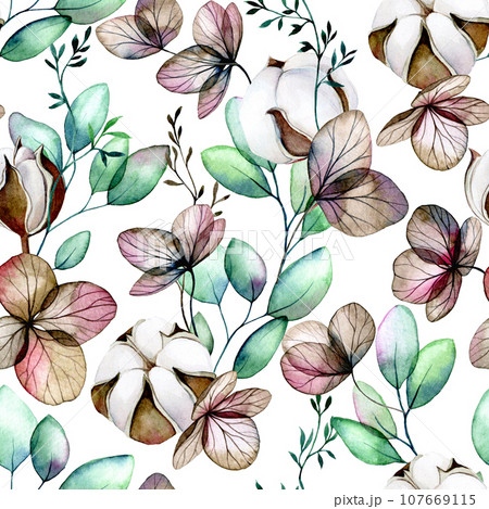 watercolor seamless pattern with cotton flowers, dry hydrangea flowers and eucalyptus leaves on a white background 107669115