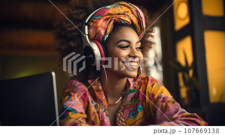 Woman conducts a podcast Woman conducts a podcast 107669138