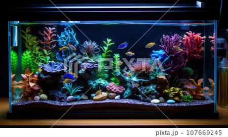 Fish swim in a blue neon aquarium 107669245