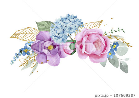 watercolor drawing. bouquet, composition of eucalyptus flowers and leaves, golden leaves and elements. pink rose flowers, peony, blue hydrangeas. 107669287