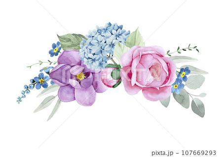 watercolor drawing. bouquet, composition with flowers and leaves of eucalyptus. pink peony flowers, roses, blue hydrangeas. delicate print, vintage decoration	 107669293