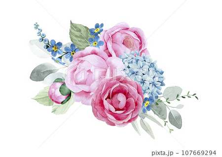 watercolor drawing. bouquet, composition with flowers and leaves of eucalyptus. pink peony flowers, roses, blue hydrangeas. delicate print, vintage decoration watercolor drawing. bouquet, composition with flowers and leaves of eucalyptus. pink peony flowers, roses, blue hydrangeas. delicate print, vintage decoration 107669294