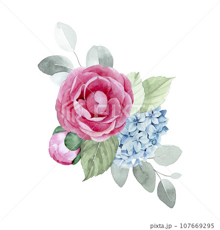 watercolor drawing. bouquet, composition with flowers and leaves of eucalyptus. pink peony flowers, roses, blue hydrangeas. delicate print, vintage decoration	 107669295