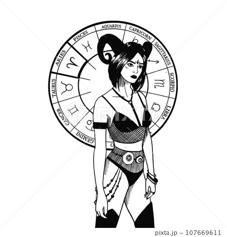 Hand drawn illustrations and silhouettes of monochrome arts of astrological signs and beauty women. 107669611