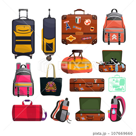 Collection of baggage and luggage objects. Retro and modern suitcases, backpacks, bags, handbags. Collection of baggage and luggage objects. Retro and modern suitcases, backpacks, bags, handbags. 107669660
