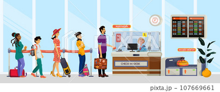 Vector cartoon illustration of queue in airport or railway station. Family concept. Vector cartoon illustration of queue in airport or railway station. Family concept. 107669661