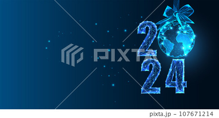 Abstract 2024 Happy New Year digital web banner template with globe map festive bauble on dark blue 107671214