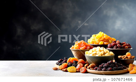 Healthy food snacks: natural dried fruits mix in bowls on white background. Healthy food snacks: natural dried fruits mix in bowls on white background. 107671466