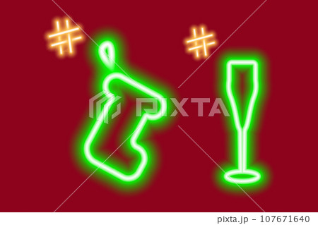 2 Neon luminous icons of gift sock and wine glass with hashtags. Concept for greetings or search 2 Neon luminous icons of gift sock and wine glass with hashtags. Concept for greetings or search 107671640