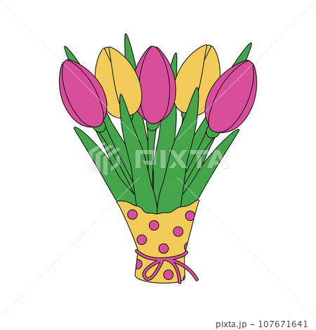 Abstract colorful bouquet of tulips in wrapping paper in trendy shade of pink and yellow. Isolate 107671641