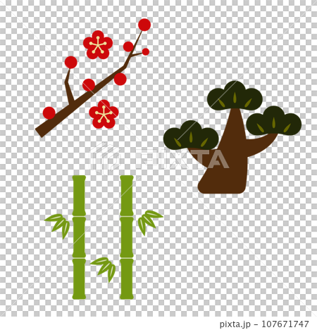 Flat vector illustration of pine, bamboo, and plum blossoms Flat vector illustration of pine, bamboo, and plum blossoms 107671747
