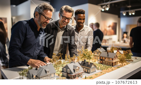 Real Estate Agent Discussing with a Male Gay Couple A New Housing Development Model on the Table In Front of Them. Generative AI. Real Estate Agent Discussing with a Male Gay Couple A New Housing Development Model on the Table In Front of Them. Generative AI. 107672613
