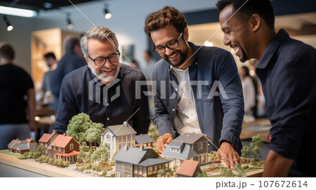Real Estate Agent Discussing with a Male Gay Couple A New Housing Development Model on the Table In Front of Them. Generative AI. Real Estate Agent Discussing with a Male Gay Couple A New Housing Development Model on the Table In Front of Them. Generative AI. 107672614