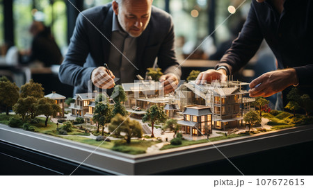 Architects Working Together Assembling A Small Scale Model Housing Developement on the Table. Generative AI. Architects Working Together Assembling A Small Scale Model Housing Developement on the Table. Generative AI. 107672615