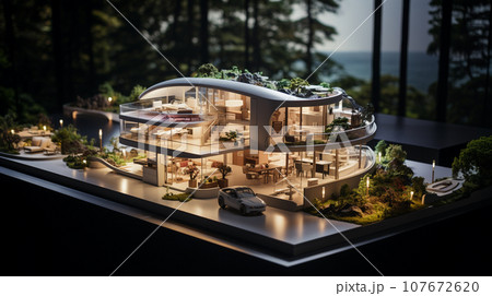 Small Scale Model of a Large Futuristic House Design On the Table In A Real Estate Office. Generative AI. 107672620