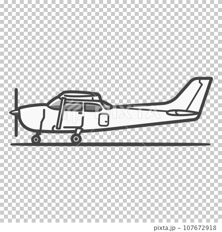 横から・着陸状態のプロペラ機・ハイウイングの小型飛行機・セスナ パイロット訓練や遊覧飛行など 横から・着陸状態のプロペラ機・ハイウイングの小型飛行機・セスナ パイロット訓練や遊覧飛行など 107672918