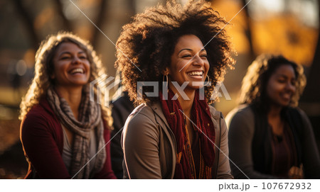 Several African American Female Friends Getting Together In the Park for Some Yoga Exercise. Generative AI. 107672932