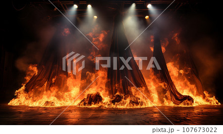Theatre Stage with Red Velvet Curtains On Fire. Generative AI. Theatre Stage with Red Velvet Curtains On Fire. Generative AI. 107673022