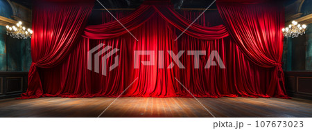Dramatically Lit Lustrous Red Velvet Theatre Curtains and Wooden Stage Floor. Generative AI. 107673023