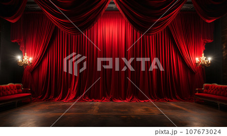 Dramatically Lit Lustrous Red Velvet Theatre Curtains and Wooden Stage Floor. Generative AI. Dramatically Lit Lustrous Red Velvet Theatre Curtains and Wooden Stage Floor. Generative AI. 107673024
