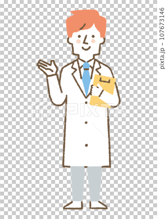 A man wearing a white coat holding a file and explaining_color 107673146