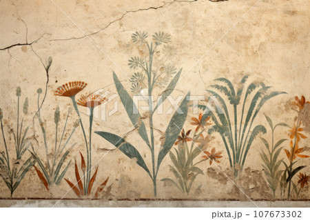 Vintage painting of plants like Ancient Roman wall fresco, nature theme 107673302