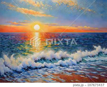 浜辺に沈む夕日のオリジナル絵画- 油絵 油彩 油彩画 絵 絵画 【水平線に沈む夕日】 - メルカリ