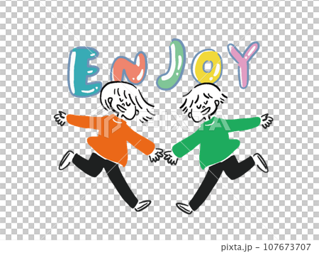 ENJOY! Full-body illustration of dynamic men and women with text 107673707