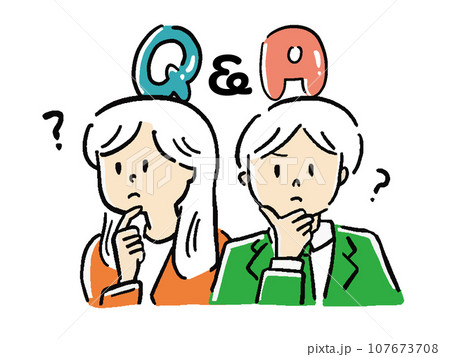 Q&A 疑問に思うビジネスマンとOLの文字入りイラスト Q&A 疑問に思うビジネスマンとOLの文字入りイラスト 107673708