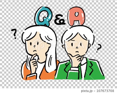Q&A 疑問に思うビジネスマンとOLの文字入りイラスト Q&A 疑問に思うビジネスマンとOLの文字入りイラスト 107673708
