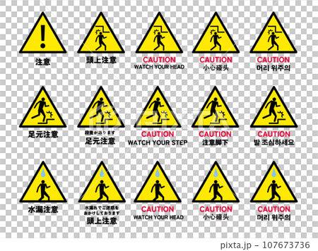 足元注意・頭上注意の標識のアイコンセット 107673736